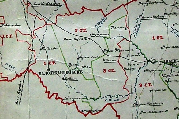 Карта Малоархангельского уезда в границах 1866 года.